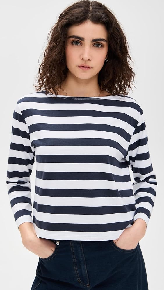 Theory Women's Stripes Boat Neck Tee, Navy Multi, XXS-XS at